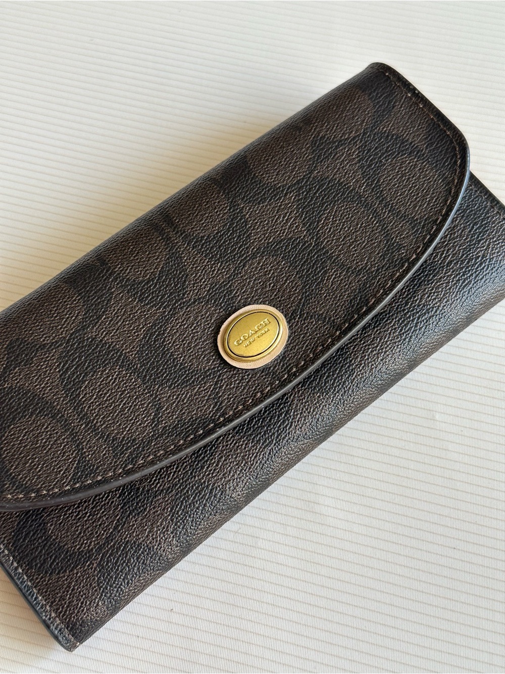 Coach Dark Brown Signature Continental Wallet with Gold Accent